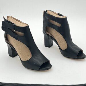 Black Chunky High Heel Peep Toe T-strap Cutout Back Zipper Comfy Dress Sandals